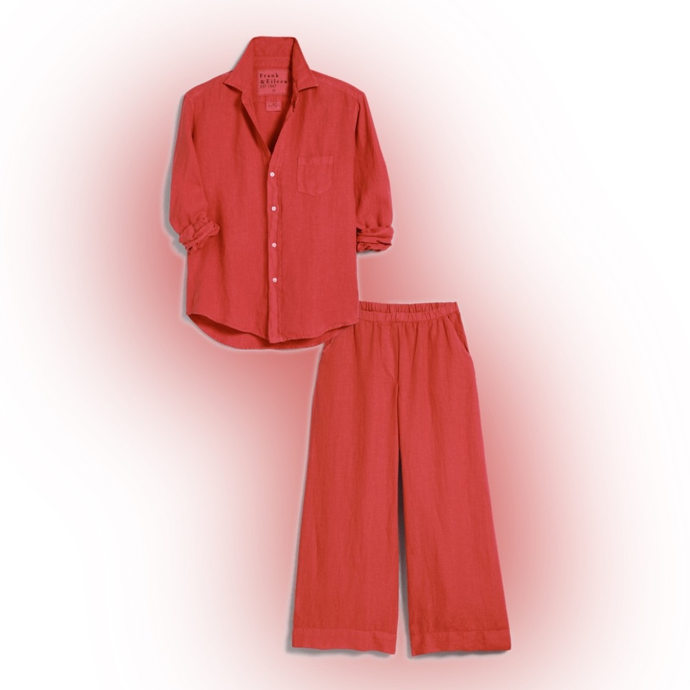 Frank & Eileen red linen TRAVEL 2 piece SET (button down top & cropped pants) XS